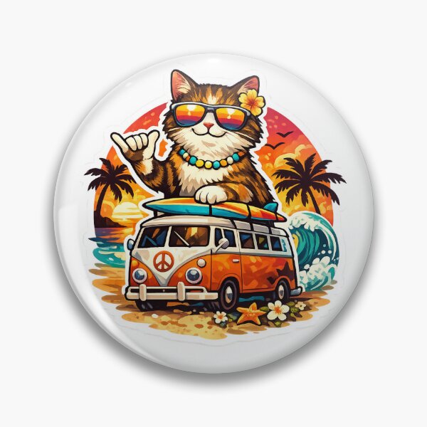 Item preview, Sunset Shaka Cat – Retro Surf Van Beach Vibes Sticker designed and sold by Half Brain Labs.