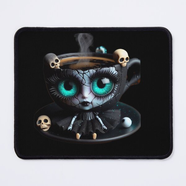 Item preview, Cosmic Coffeehouse Steaming Goth Cup with Neon Turquoise Eyes designed and sold by LujziWorld.