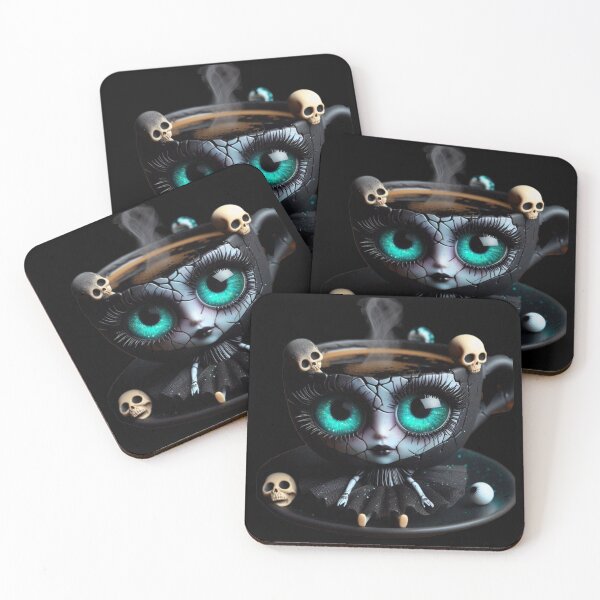 Item preview, Cosmic Coffeehouse Steaming Goth Cup with Neon Turquoise Eyes designed and sold by LujziWorld.