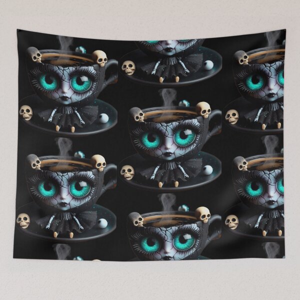 Item preview, Cosmic Coffeehouse Steaming Goth Cup with Neon Turquoise Eyes designed and sold by LujziWorld.