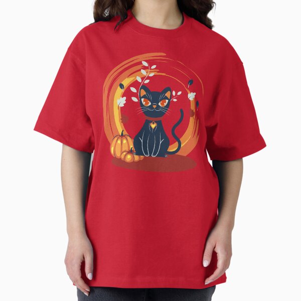 Item preview, Dark Navy Cat Glowing Pumpkin Autumn Leaves Swirl Halloween Botanical Graphic T-Shirt designed and sold by DERA RAY.