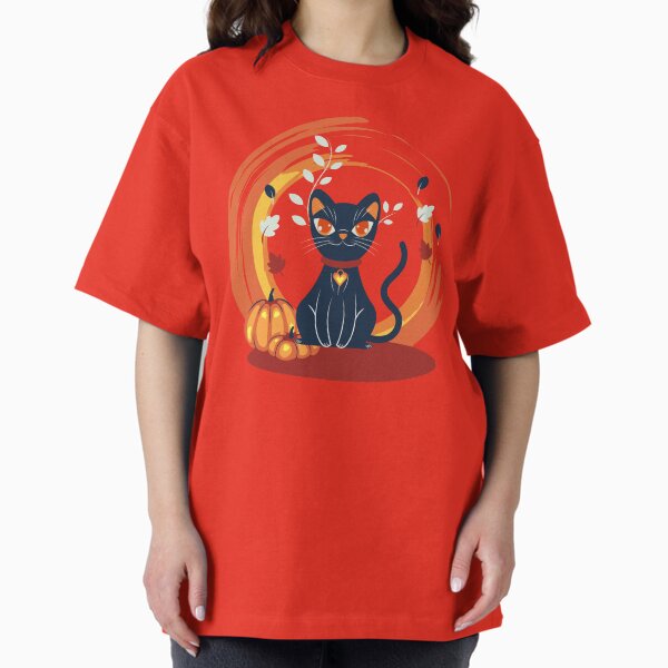 Item preview, Dark Navy Cat Glowing Pumpkin Autumn Leaves Swirl Halloween Botanical Graphic T-Shirt designed and sold by DERA RAY.