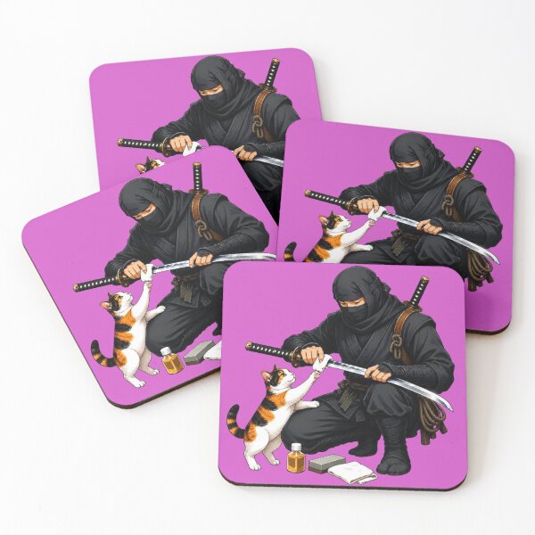 Item preview, Ninja Polishing Katana While Calico Cat Reaches Up Japanese Humor Sticker Art designed and sold by Aguri-tei.