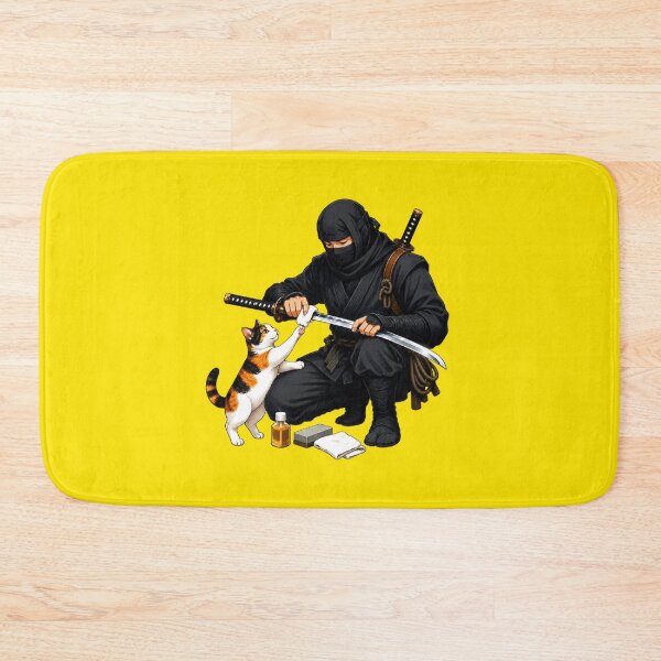 Item preview, Ninja Polishing Katana While Calico Cat Reaches Up Japanese Humor Sticker Art designed and sold by Aguri-tei.