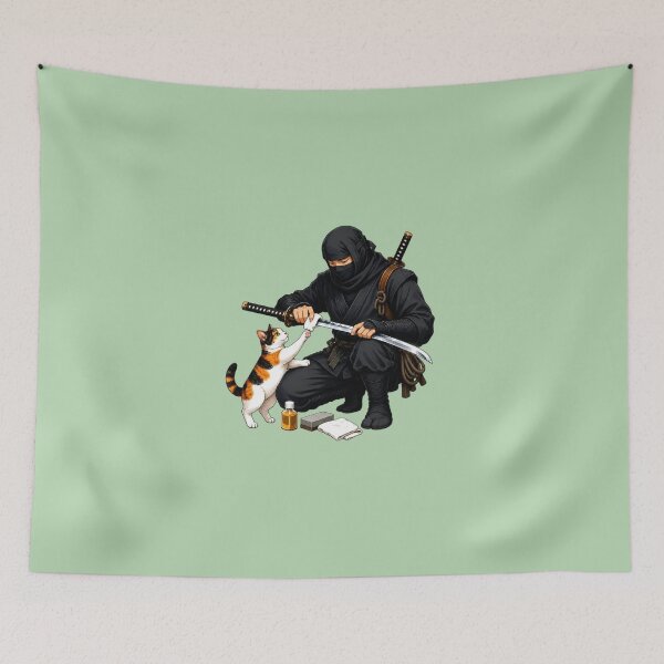 Item preview, Ninja Polishing Katana While Calico Cat Reaches Up Japanese Humor Sticker Art designed and sold by Aguri-tei.