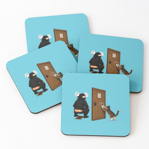 Item preview, Ninja Busted Pants Down Cat Scratching Door Funny Japanese Humor Sticker designed and sold by Aguri-tei.