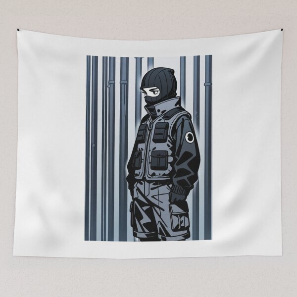 Item preview, Fashion - Man in Gray Puffer Vest Balaclava Cargo Streetwear Anime designed and sold by AnimeShin.