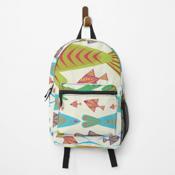 Item preview, Colorful Tropical Fish Folk Art Seamless Pattern with Ocean Waves and Decorative Marine Motifs designed and sold by Ei-Ei.