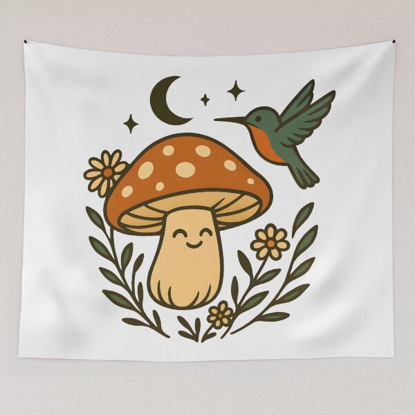 Item preview, Cottagecore Hummingbird and Smiling Mushroom Cute Fungi designed and sold by Photo-Sphere101.