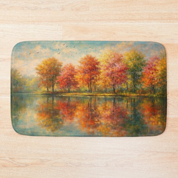 Item preview, Autumn Lake Reflections Colorful Forest Landscape Art Print designed and sold by Joey Santiago.