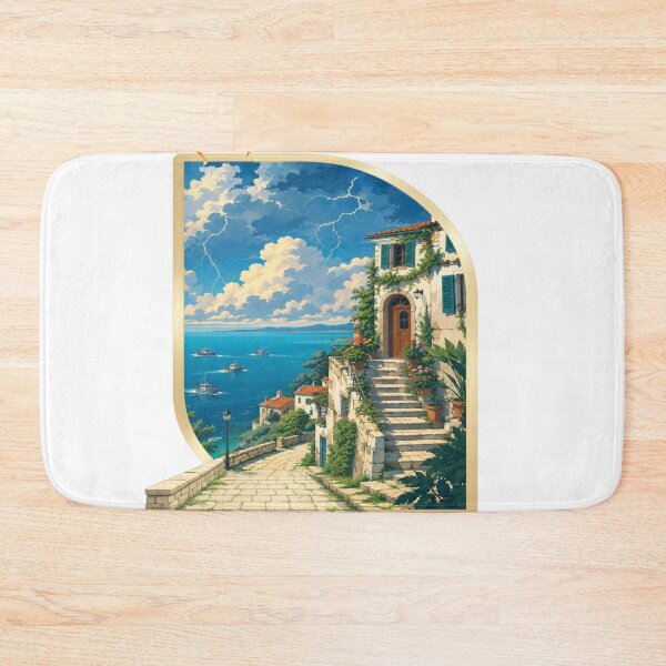 Item preview, Storm Coastal Village Graphic T-Shirt | Mediterranean Ocean Landscape Art designed and sold by RAYapparel.