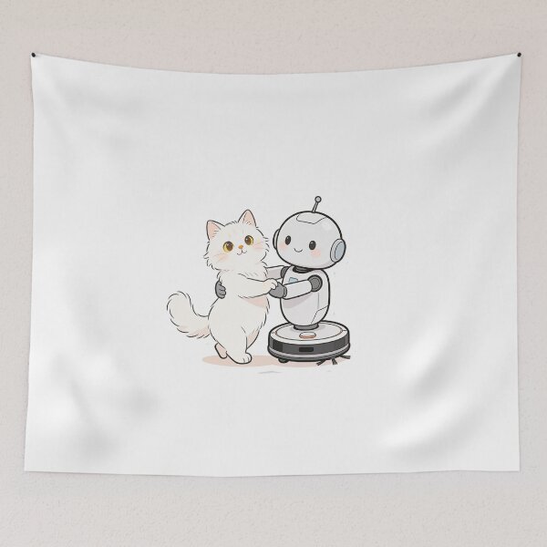 Item preview, Cute Cat and Robot Dancing Waltz Hug – Minimal Cartoon Illustration designed and sold by OksArtStudio.