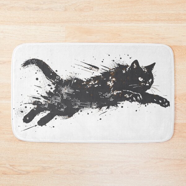 Item preview, A dynamic black cat leaping across a white background in a dramatic ink splatter, halftone and grunge illustration that conveys motion designed and sold by Dejbar.