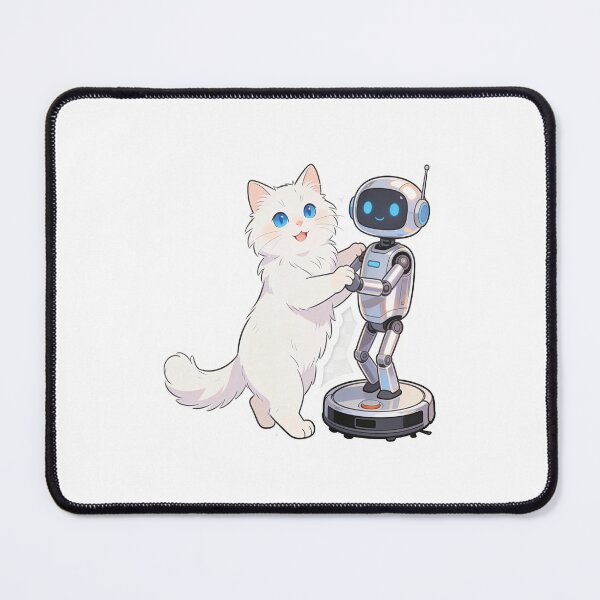 Item preview, Cute White Fluffy Cat and Full Body Robot Dancing Together – Minimal Cartoon Illustration designed and sold by OksArtStudio.