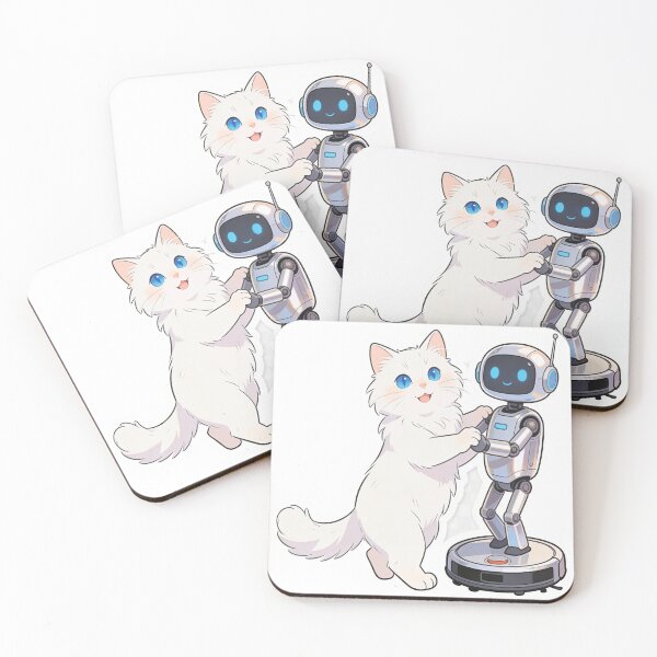 Item preview, Cute White Fluffy Cat and Full Body Robot Dancing Together – Minimal Cartoon Illustration designed and sold by OksArtStudio.