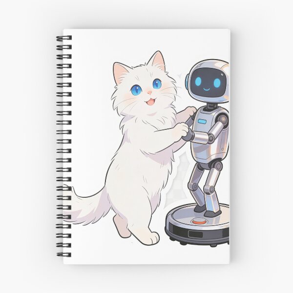 Item preview, Cute White Fluffy Cat and Full Body Robot Dancing Together – Minimal Cartoon Illustration designed and sold by OksArtStudio.
