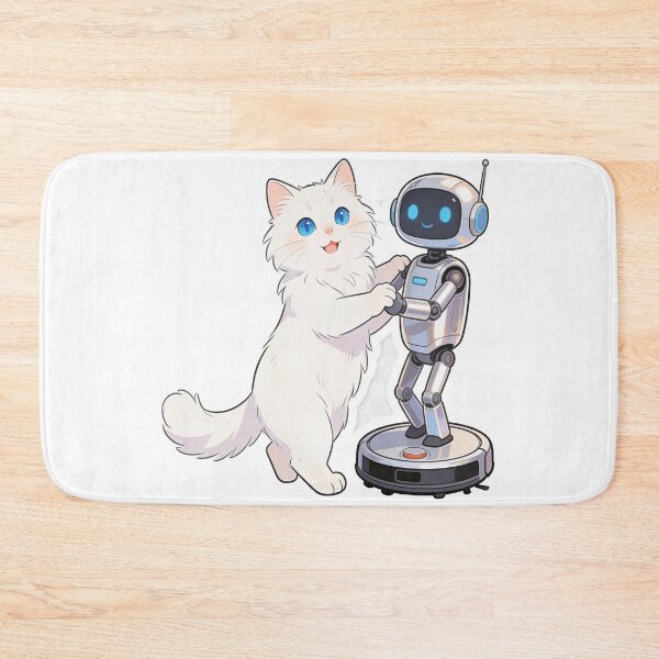 Item preview, Cute White Fluffy Cat and Full Body Robot Dancing Together – Minimal Cartoon Illustration designed and sold by OksArtStudio.