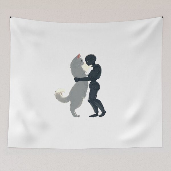 Item preview, Romantic White Cat and Robot Hug – Cute Minimal Love Scene Illustration designed and sold by OksArtStudio.