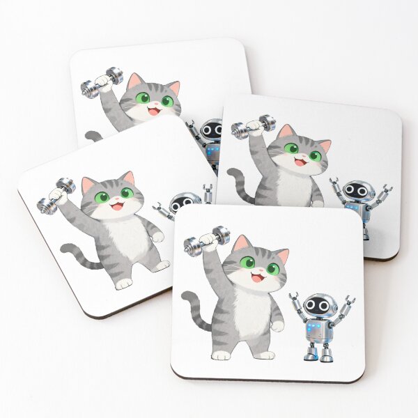 Item preview, Grey Cat vs Robot Strength Challenge – Cute Gym Meme Illustration designed and sold by OksArtStudio.