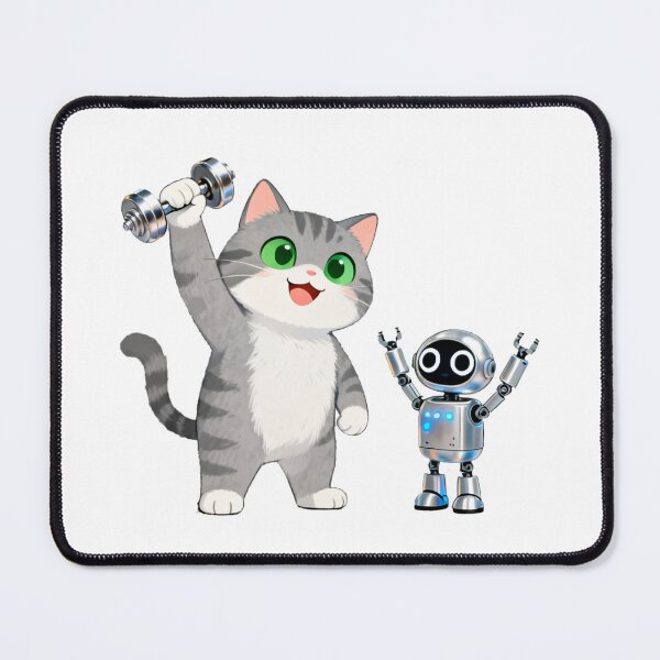Item preview, Grey Cat vs Robot Strength Challenge – Cute Gym Meme Illustration designed and sold by OksArtStudio.