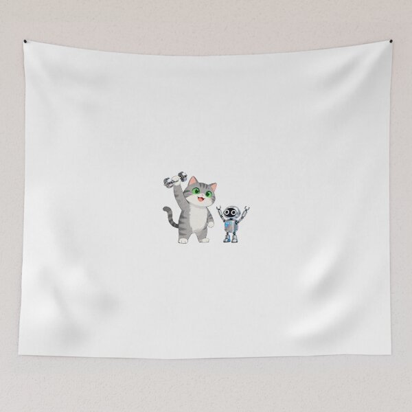Item preview, Grey Cat vs Robot Strength Challenge – Cute Gym Meme Illustration designed and sold by OksArtStudio.