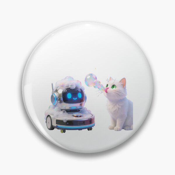 Item preview, White Fluffy Cat Playing with Bubbles and Foamy Robot Vacuum – Cute Meme Illustration designed and sold by OksArtStudio.