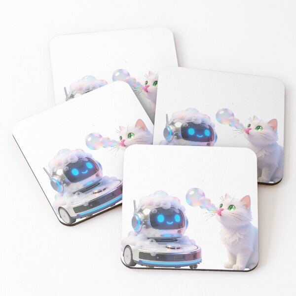 Item preview, White Fluffy Cat Playing with Bubbles and Foamy Robot Vacuum – Cute Meme Illustration designed and sold by OksArtStudio.