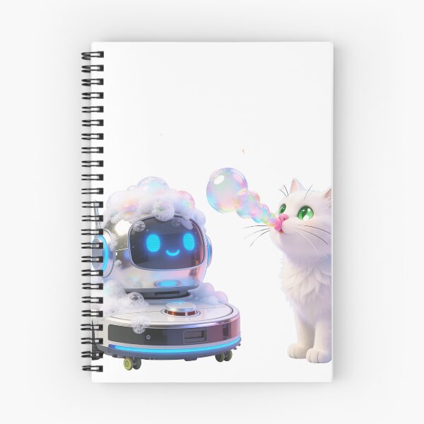 Item preview, White Fluffy Cat Playing with Bubbles and Foamy Robot Vacuum – Cute Meme Illustration designed and sold by OksArtStudio.