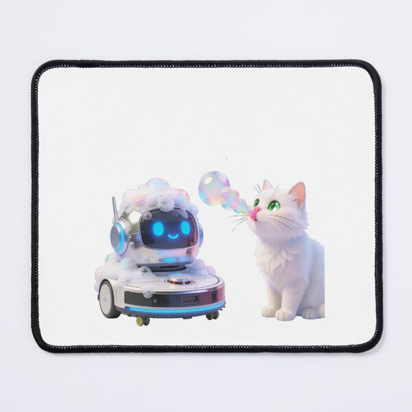 Item preview, White Fluffy Cat Playing with Bubbles and Foamy Robot Vacuum – Cute Meme Illustration designed and sold by OksArtStudio.