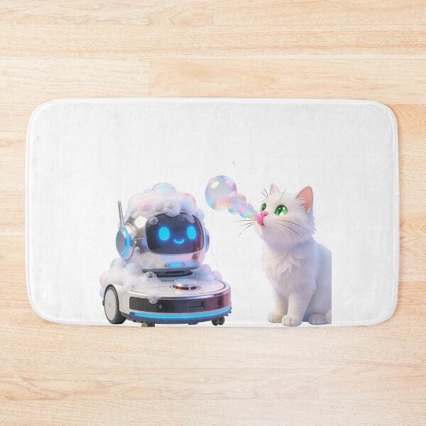 Item preview, White Fluffy Cat Playing with Bubbles and Foamy Robot Vacuum – Cute Meme Illustration designed and sold by OksArtStudio.