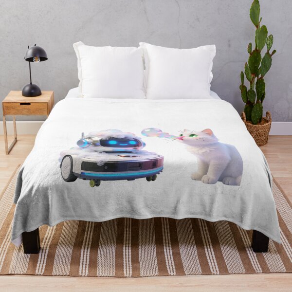 Item preview, White Fluffy Cat Playing with Bubbles and Foamy Robot Vacuum – Cute Meme Illustration designed and sold by OksArtStudio.