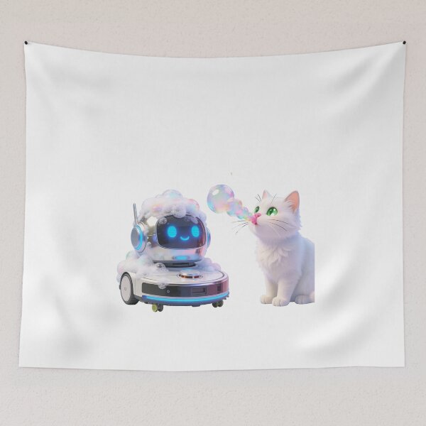 Item preview, White Fluffy Cat Playing with Bubbles and Foamy Robot Vacuum – Cute Meme Illustration designed and sold by OksArtStudio.