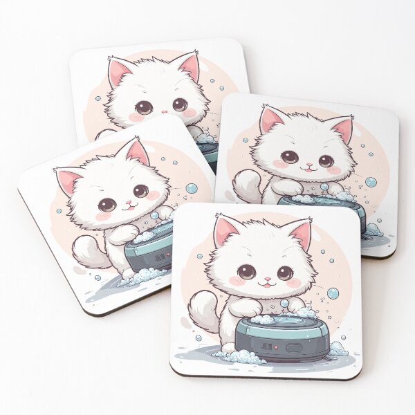 Item preview, Cute White Cat Washing Robot Vacuum with Foam – Minimal Cartoon Illustration designed and sold by OksArtStudio.