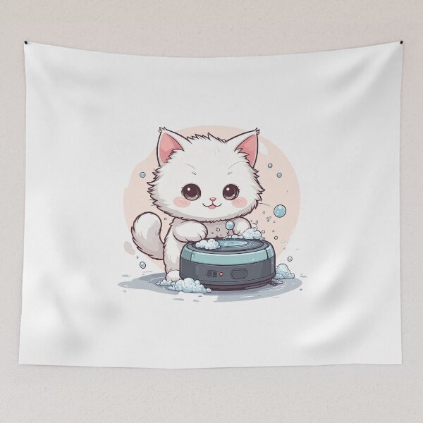 Item preview, Cute White Cat Washing Robot Vacuum with Foam – Minimal Cartoon Illustration designed and sold by OksArtStudio.