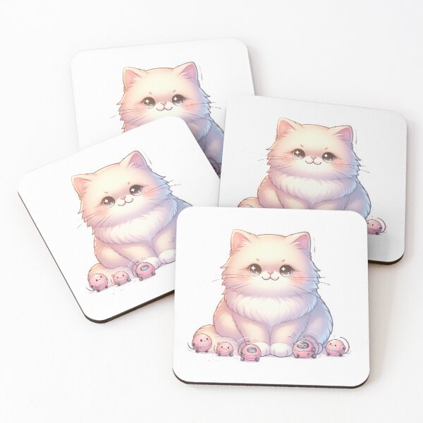 Item preview, Cute Fluffy Cat with Tiny Pink Robot Vacuum Bots – Minimal Kawaii Illustration designed and sold by OksArtStudio.