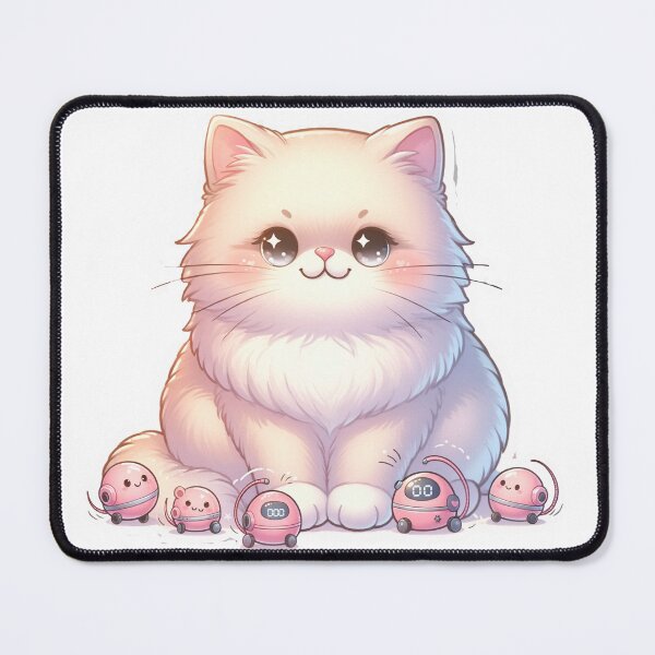 Item preview, Cute Fluffy Cat with Tiny Pink Robot Vacuum Bots – Minimal Kawaii Illustration designed and sold by OksArtStudio.