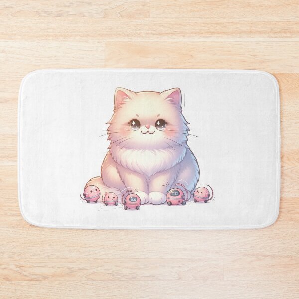 Item preview, Cute Fluffy Cat with Tiny Pink Robot Vacuum Bots – Minimal Kawaii Illustration designed and sold by OksArtStudio.