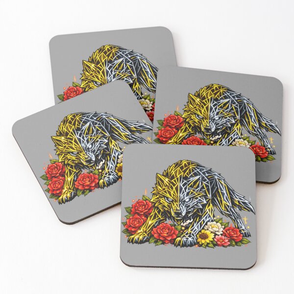 Item preview, Cyberpunk Wolf – Geometric Gold & Silver Neon with Red Camellias designed and sold by Naturalite19.