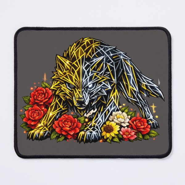 Item preview, Cyberpunk Wolf – Geometric Gold & Silver Neon with Red Camellias designed and sold by Naturalite19.