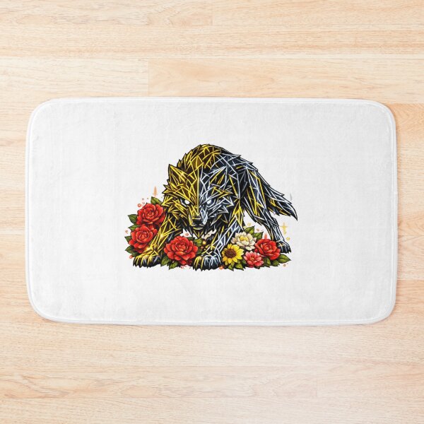 Item preview, Cyberpunk Wolf – Geometric Gold & Silver Neon with Red Camellias designed and sold by Naturalite19.