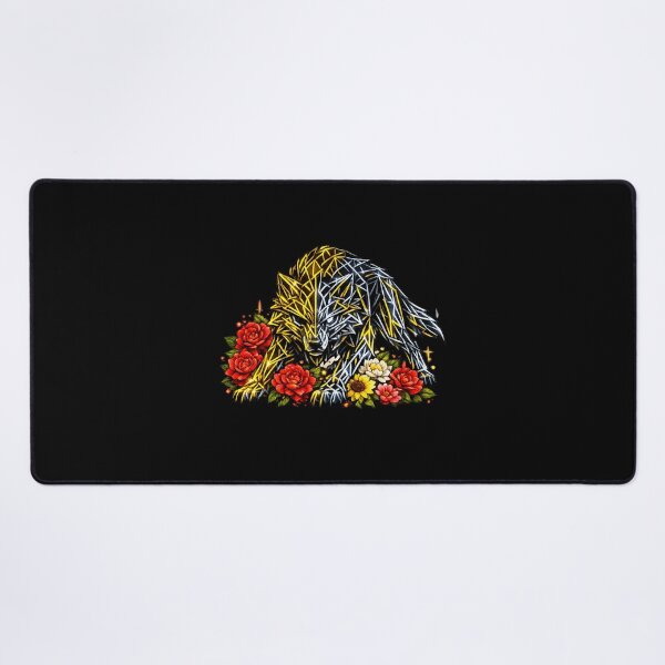 Item preview, Cyberpunk Wolf – Geometric Gold & Silver Neon with Red Camellias designed and sold by Naturalite19.