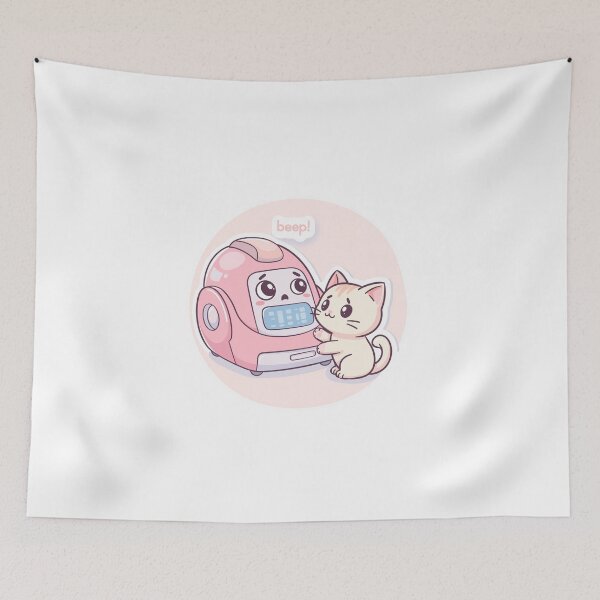 Item preview, Beep! Cute White Cat and Pink Robot Vacuum – Minimal Kawaii Illustration designed and sold by OksArtStudio.