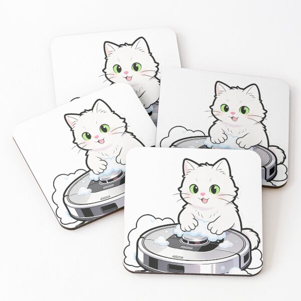 Item preview, White Cat Washing Robot Vacuum Covered in Foam – Cute Cleaning Scene Illustration designed and sold by OksArtStudio.