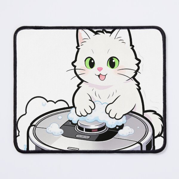 Item preview, White Cat Washing Robot Vacuum Covered in Foam – Cute Cleaning Scene Illustration designed and sold by OksArtStudio.