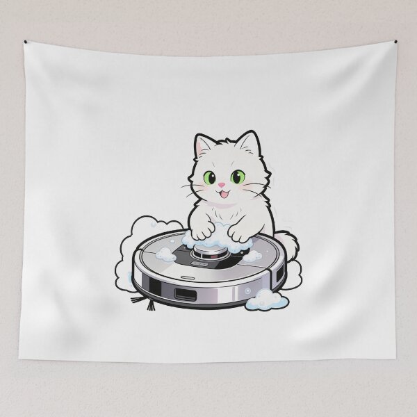 Item preview, White Cat Washing Robot Vacuum Covered in Foam – Cute Cleaning Scene Illustration designed and sold by OksArtStudio.