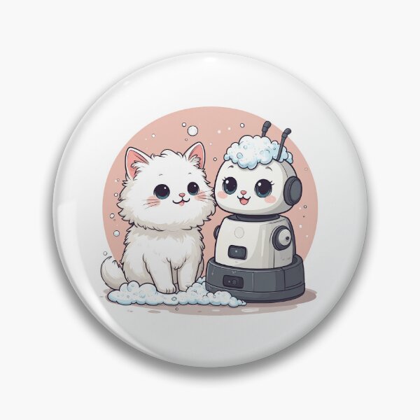 Item preview, Cute White Cat and Robot Vacuum in Foam – Funny Bubble Bath Scene Illustration designed and sold by OksArtStudio.