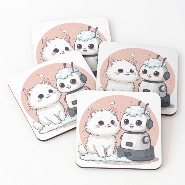 Item preview, Cute White Cat and Robot Vacuum in Foam – Funny Bubble Bath Scene Illustration designed and sold by OksArtStudio.