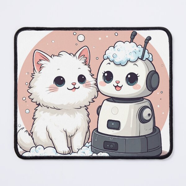 Item preview, Cute White Cat and Robot Vacuum in Foam – Funny Bubble Bath Scene Illustration designed and sold by OksArtStudio.