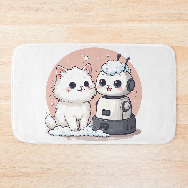 Item preview, Cute White Cat and Robot Vacuum in Foam – Funny Bubble Bath Scene Illustration designed and sold by OksArtStudio.
