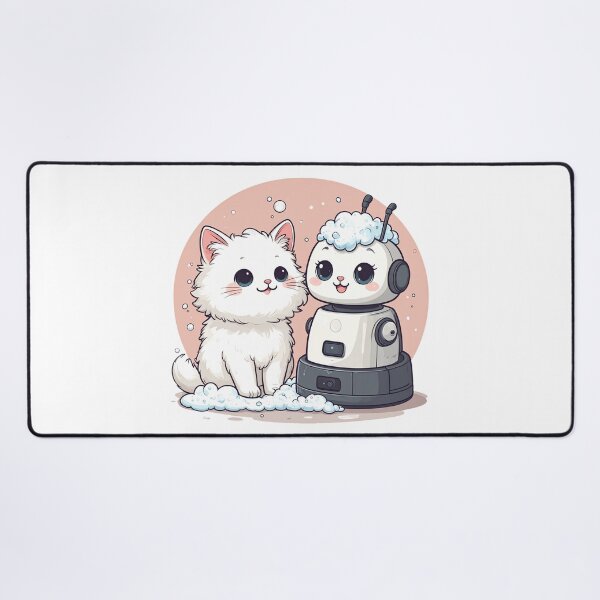 Item preview, Cute White Cat and Robot Vacuum in Foam – Funny Bubble Bath Scene Illustration designed and sold by OksArtStudio.